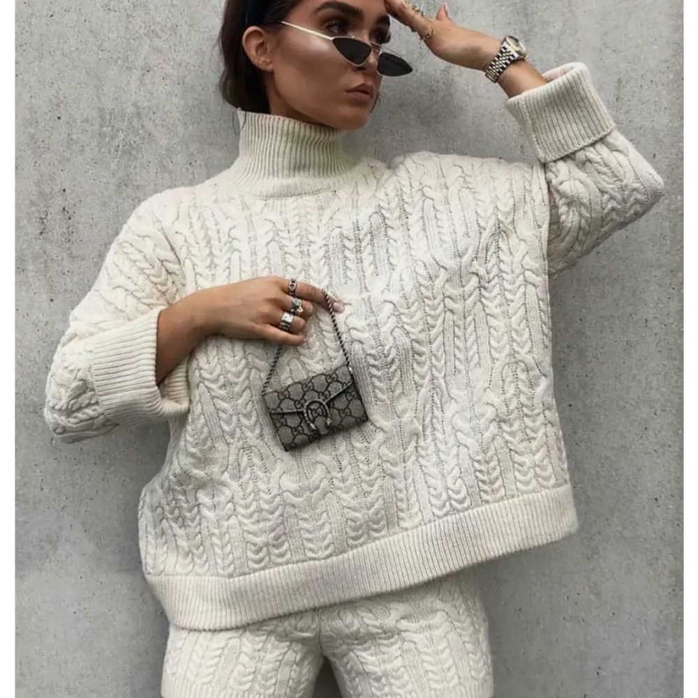 Zara Cable Knitted Sweater Turtle Neck Long Sleeve In Natural Color Size S
